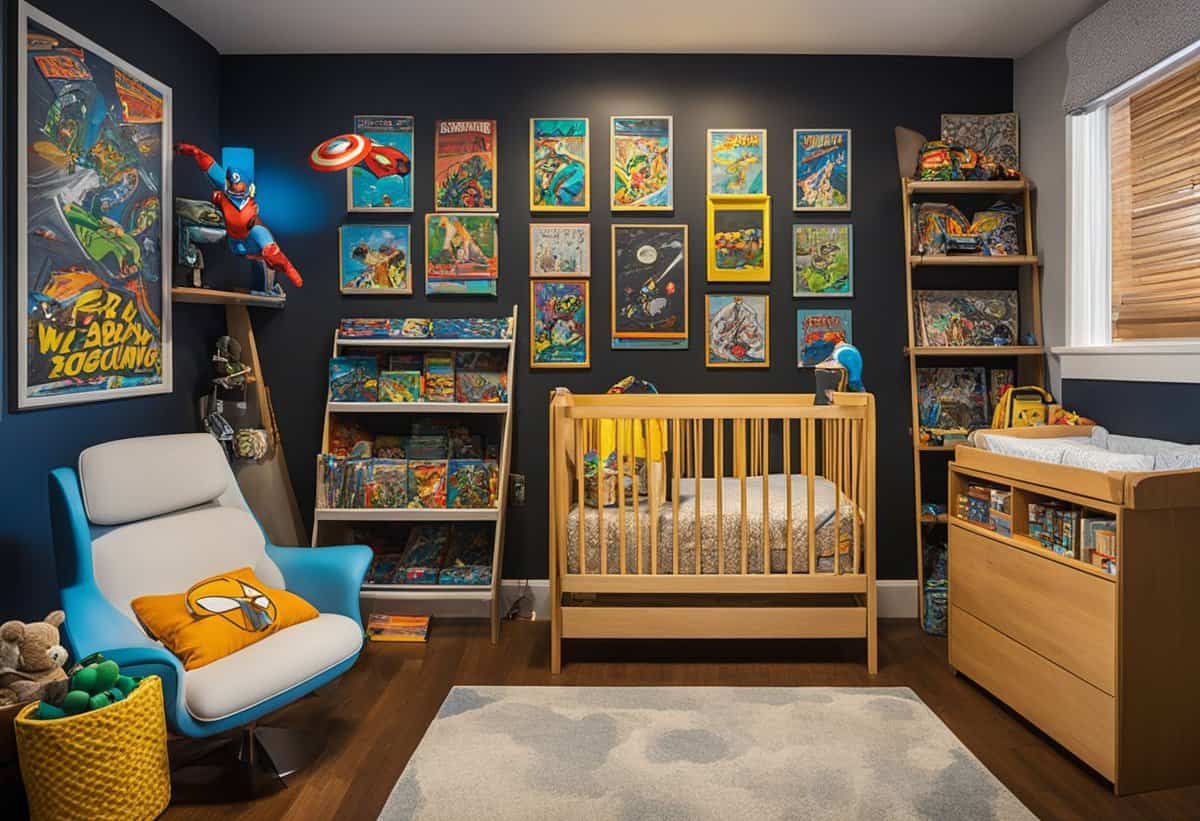 A colorful array of comic books and sci-fi memorabilia decorates the nursery, with a chalkboard wall listing "cool" and "nerdy" baby names