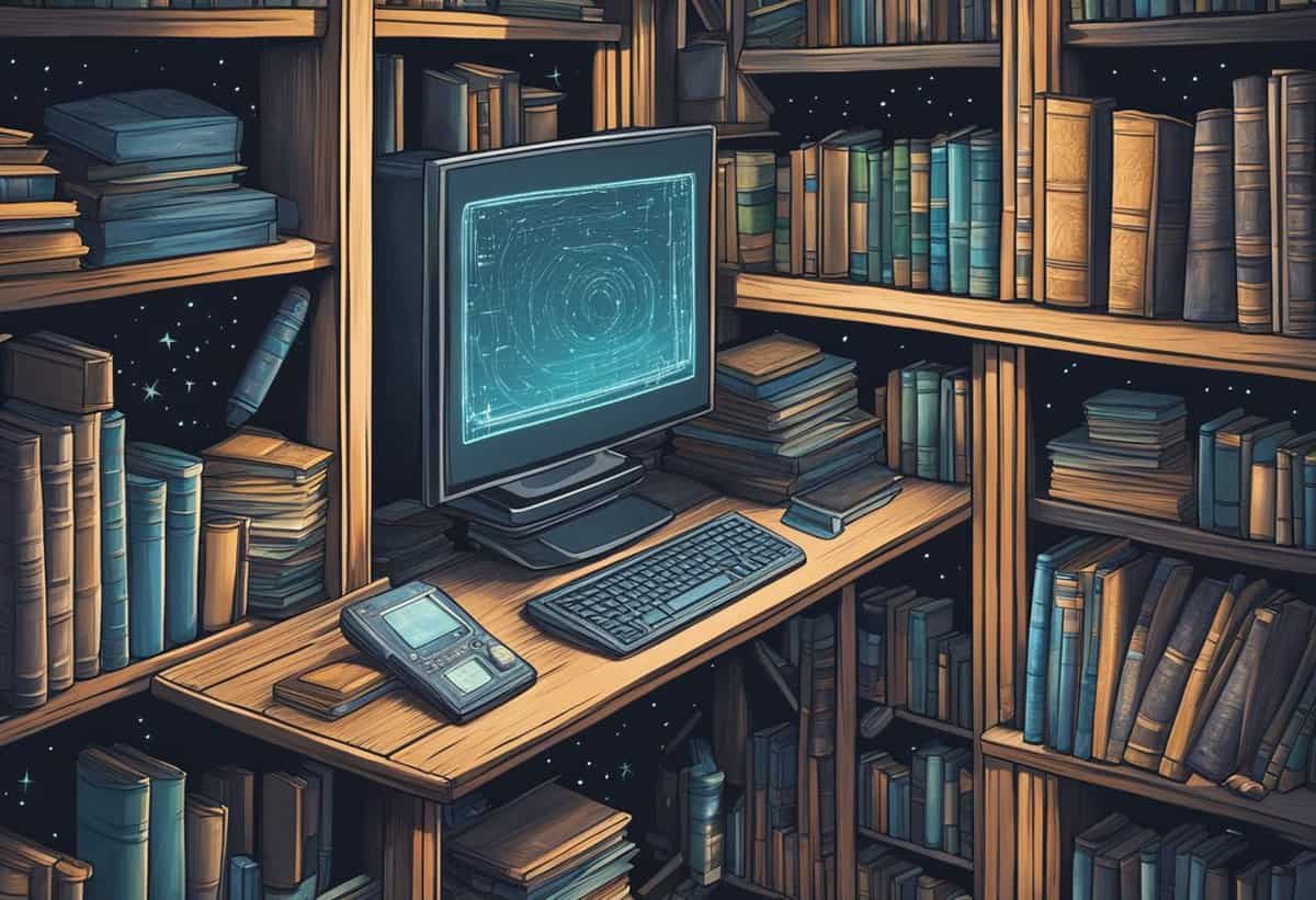 A bookshelf filled with sci-fi and fantasy novels, a computer with coding books, and a chalkboard covered in math equations