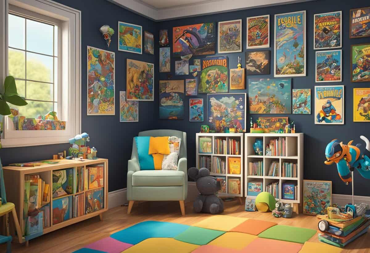 A colorful array of comic books and video game memorabilia scattered across a cozy nursery, with a chalkboard wall displaying a list of adorable and nerdy baby names