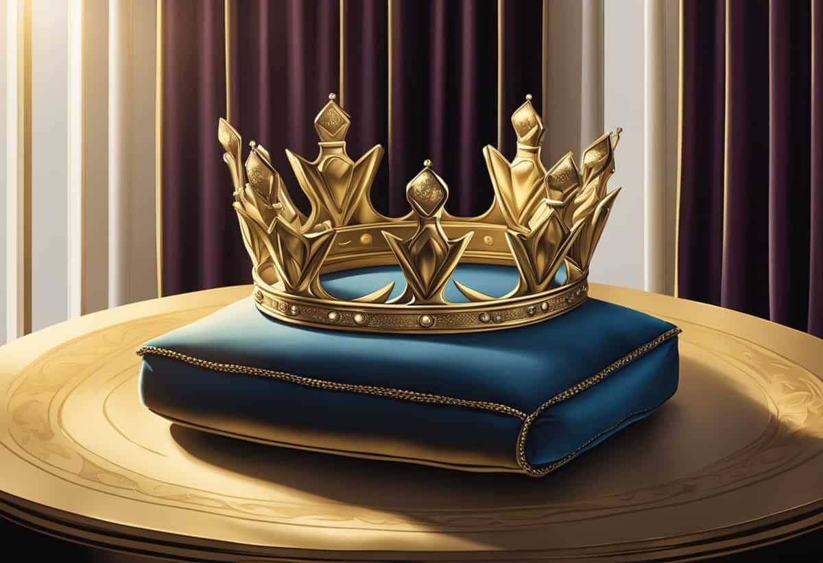 A regal crown sits atop a pillow, surrounded by velvet drapes and golden accents