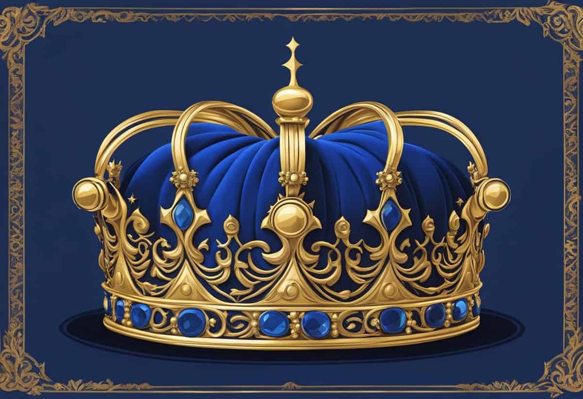 A crown resting on a royal blue velvet pillow, surrounded by golden accents and regal decorations