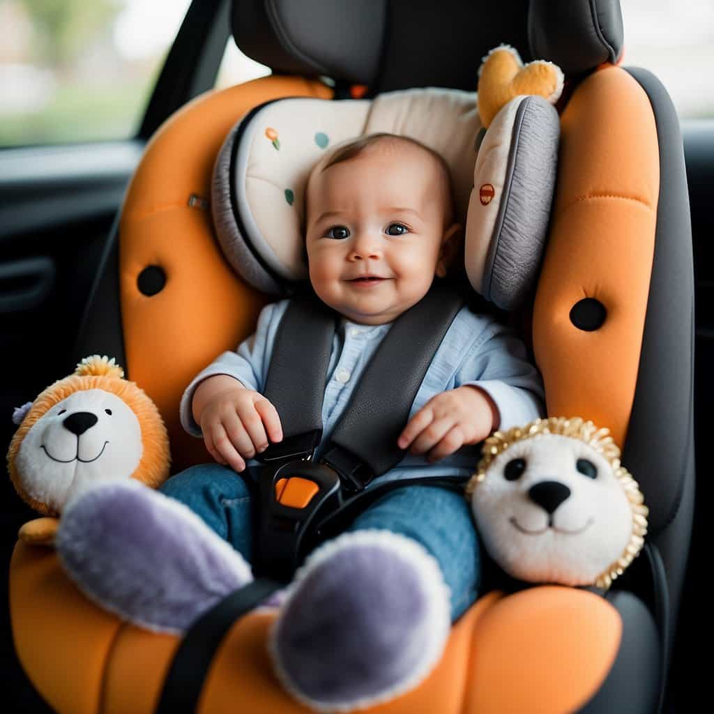 A baby sitting in a car seat smiles while surrounded by two plush toys.